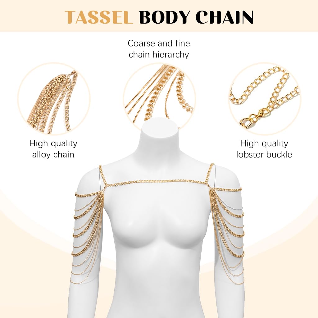 SANNIDHI® Tassel Body Chain Fashion Piece Golden Layered Tassel Chain for Off-shoulder Dress Adjustable Shoulder Tassel Charm Chain Party Wear Fashion Piece for Women SANNIDHI® Tassel Body Chain Fashion Piece Golden Layered Tassel Chain for Off-shoulder Dress Adjustable Shoulder Tassel Charm Chain Party Wear Fashion Piece for Women